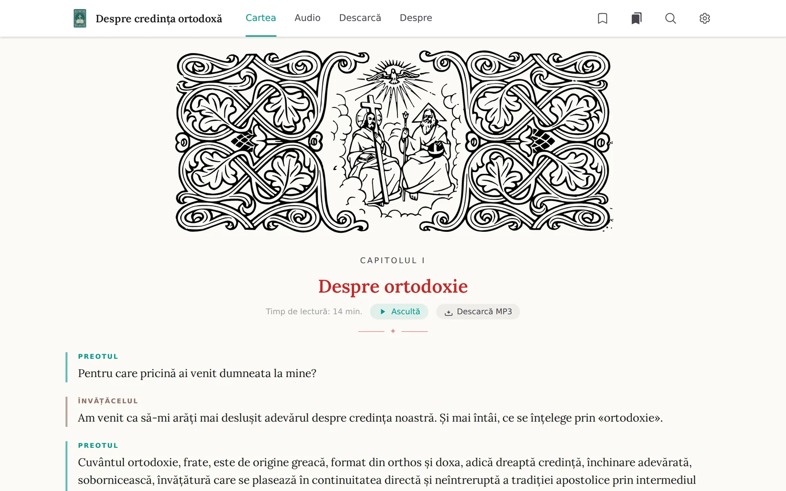 Site-ul pe desktop: un capitol deschis la lectură, cu ascultare și descărcare audio